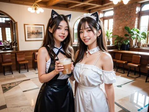 (two waitress girls:1.3),(Smiling:1.2), (cowboys:1.5), shot, (Two waitress girls wearing fluffy cat costumes、They are standing b...