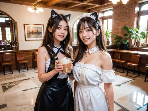 (two waitress girls:1.3),(smiling:1.2), (cowboys:1.5), shot, (two waitress girls wearing fluffy cat costumes、they are standing b...