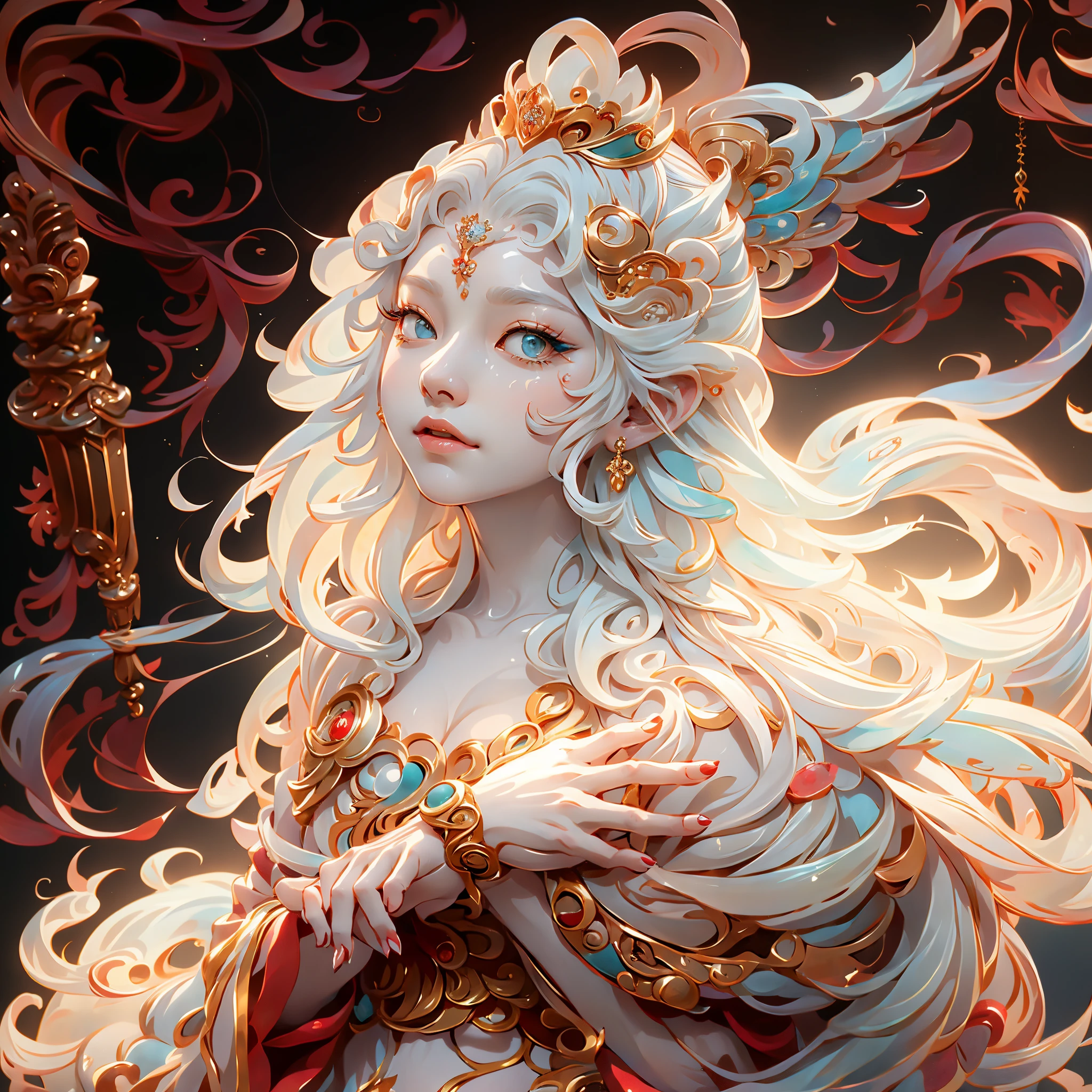 Close-up of a woman with a crown on her head, white-haired god, onmyoji detailed art, beautiful fantasy empress, onmyoji, onmyoji portrait, ((beautiful fantasy empress)), heise jinyao, korean art nouveau anime, xianxia fantasy, Belle peinture de personnage, Alphonse Mucha and Rose Drews, drak