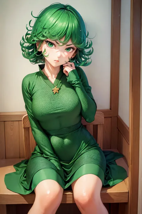 (Masterpiece, Best Quality:1.2), 独奏, 1girl, tatsumaki, unamused, closed mouth, looking a viewer, hand on our face, sitting, Shor...