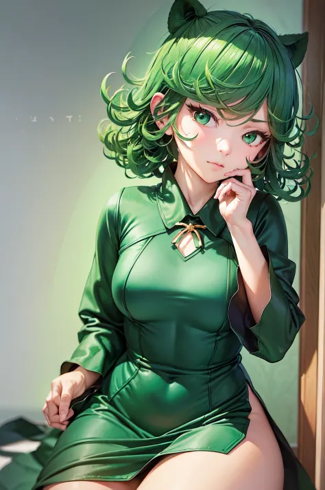 (Masterpiece, Best Quality:1.2), 独奏, 1girl, tatsumaki, unamused, closed mouth, looking a viewer, hand on our face, sitting, Shor...