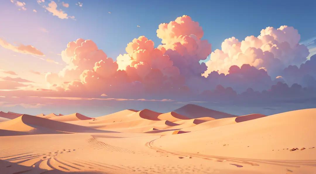 (illustrations : 1.0), photorealistic lighting, HD detail, 夏天, desert, sand, daytime, clouds, overcast, 12pm