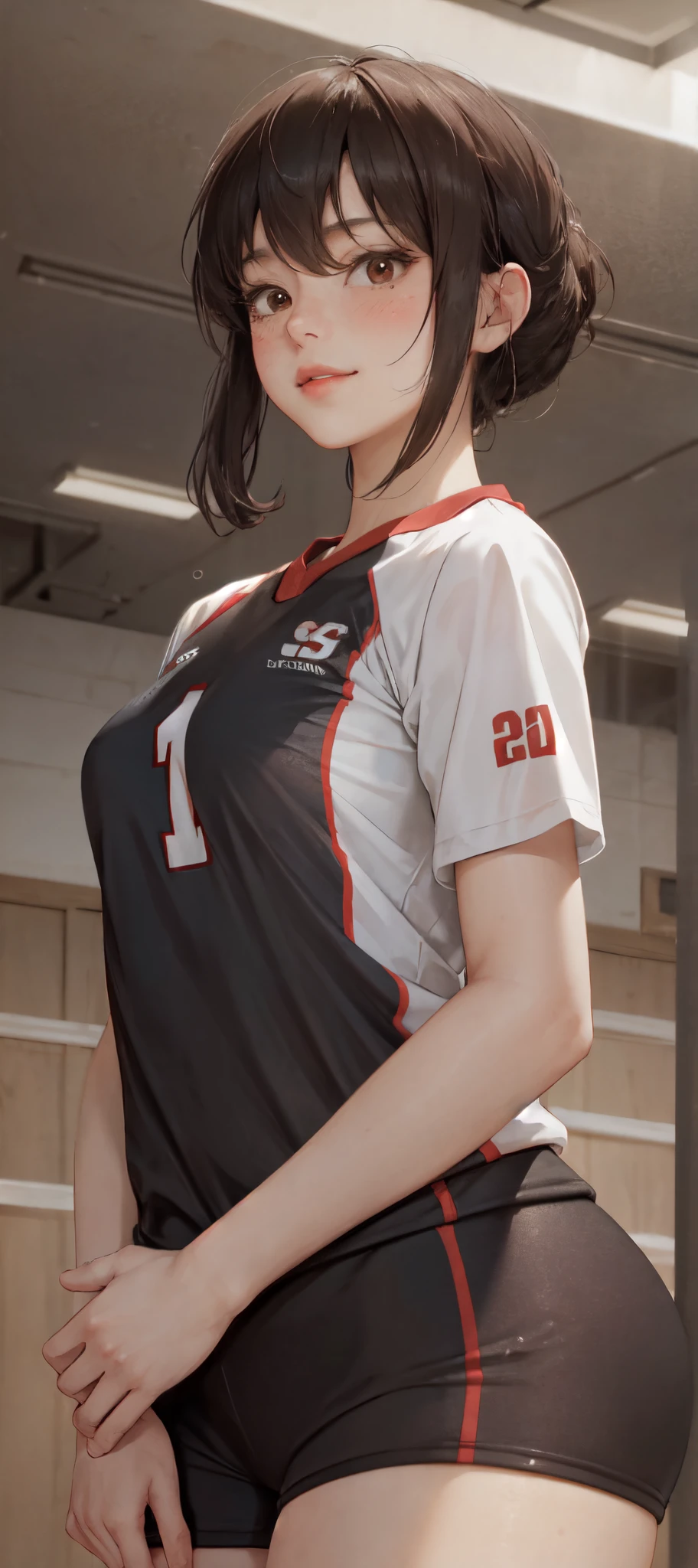 Nur 1 Dame, /(Volleyballuniform/), /(dunkelbraunes Haar/) bangs, erröten Licht Lächeln, (Meisterwerk beste Qualität:1.2) zarte Illustration ultra-detailliert, brechen /(Volleyballplatz im Innenbereich/)