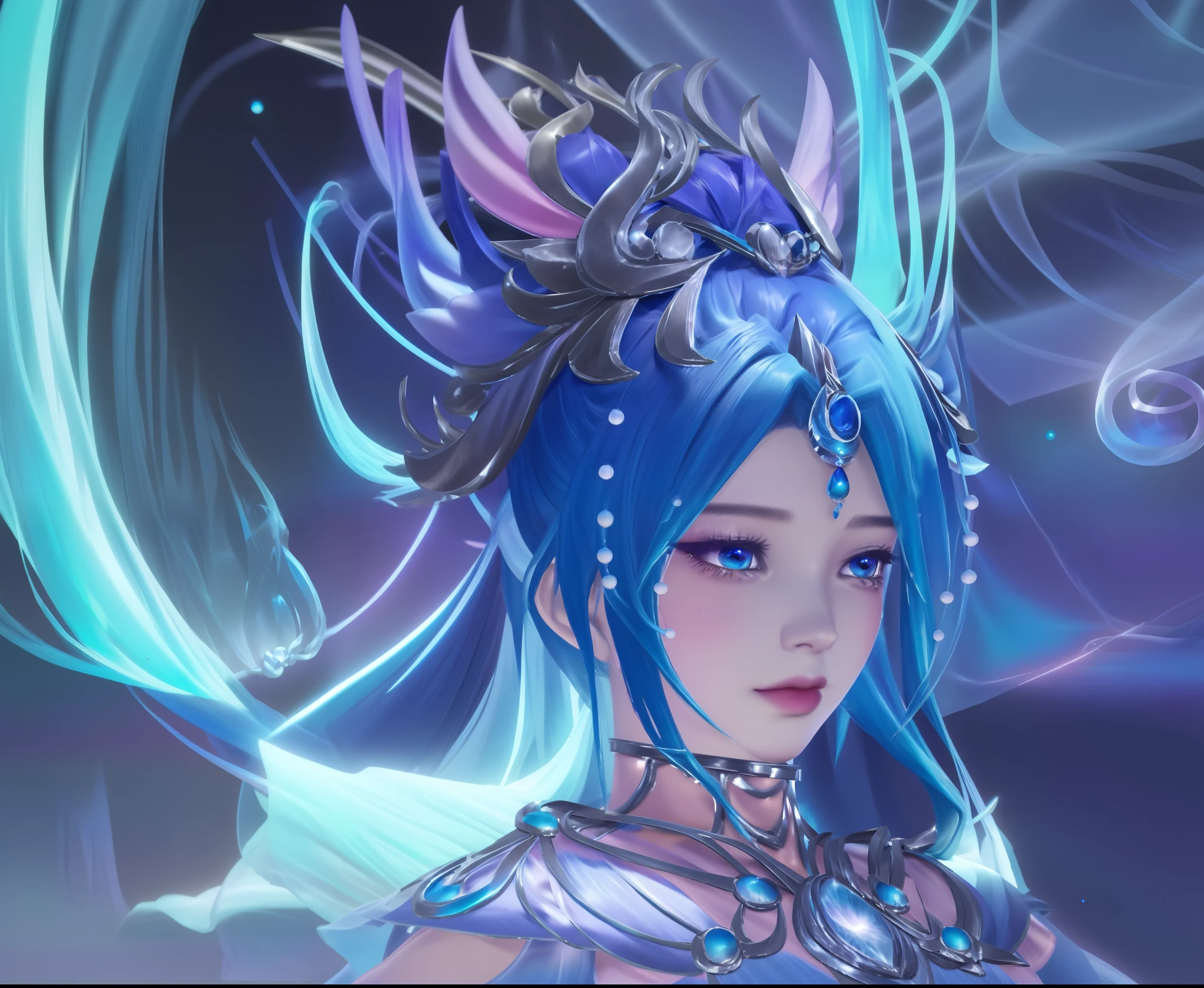 animemanga girl，blue hairs，a blue dress，Wearing a big headdress, Very detailed artistic germ, Details, Irelia, Art germ. high detal, ! dream art jem, onmyoji detailed art, Most models | Art germ, art jem style, art germ on artstation pixiv