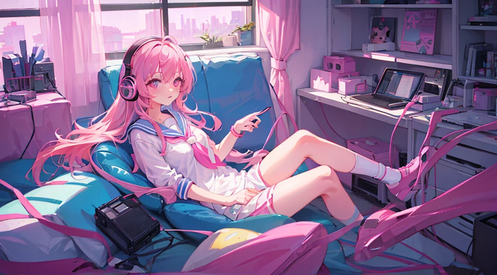 (1 girl, pink hair, pink eyes, sailor suit, headphone, studying, kawaii), (pink cyberpunk, room with big window, pink neon)