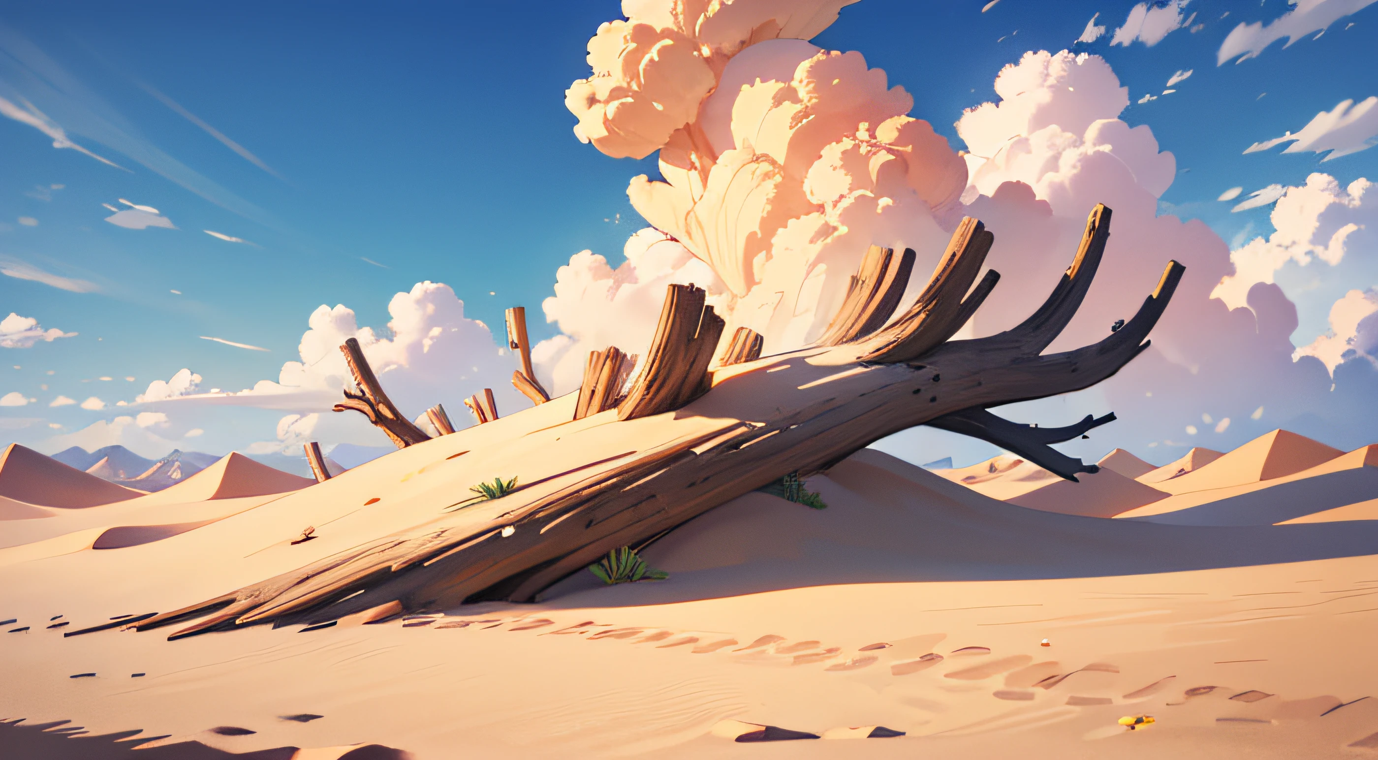 (illustrations : 1.0), photorealistic lighting, HD detail, 夏天, desert, sand, daytime, clouds, overcast, 12pm, Dead wood