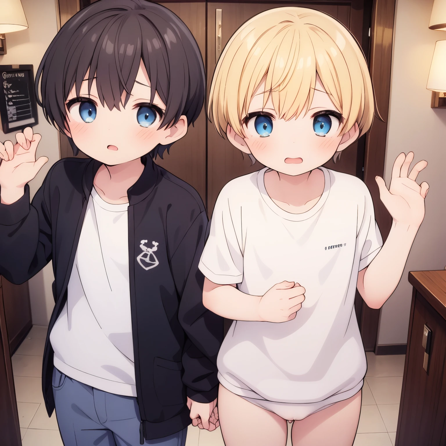top-quality，in 8K，｛2 children｝｛2 elementary school students｝Full limbs，complete fingers，Blonde Shorthair，at hotel，boy and boy showing off gay sex（gusty）   ，｛boys showing each other penises｝，《Adorable face》