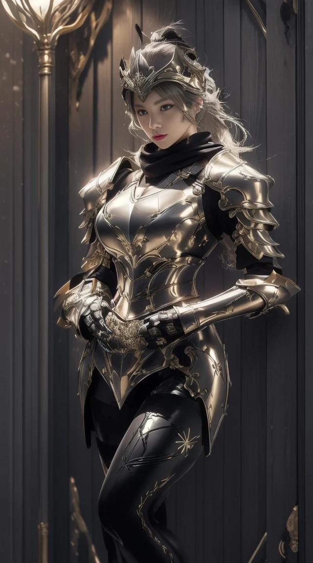 (masterpiece, best quality, extremely detailed 8k, ultra hd, ultra-detailed, highly detailed, highly realistic, ultra-realistic, photo realistic), (1girl:1.5), (detailed realistic skin), (realistic big breasts), (sexy lipstick), slender abs, Female knight in sexy clothes, wearing sexy armor, wearing pantyhose floral motif, the armor on the chest are also open showing a lot of cleavage, the chest is big and Solid, big thighs, showing the whole body, slim waist, hair tied back, serious facial expression targeting the enemy, elegant, erotic, wearing a flowing black scarf, h cup bust size, very big , cleavage, background korean city at night, ponytail hair, Monochrome lighting, Dark and bright lighting, lighting under the lights, wearing pantyhose.