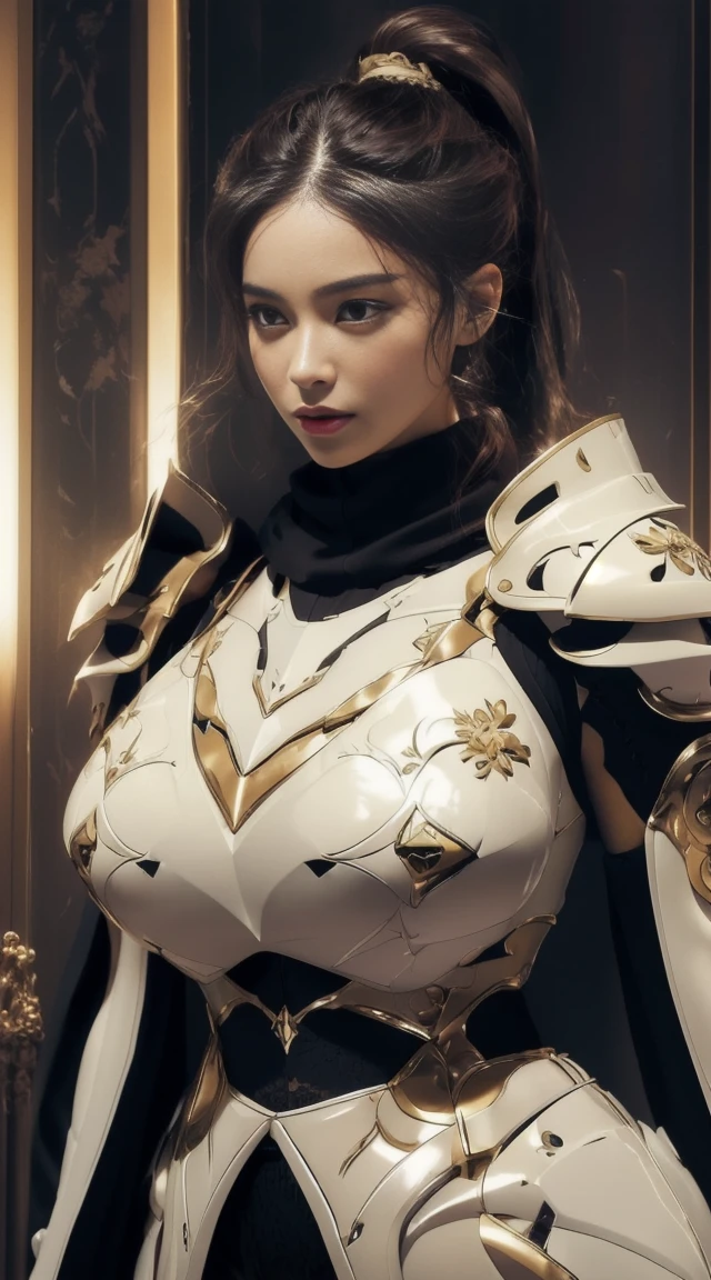 (masterpiece, best quality, extremely detailed 8k, ultra hd, ultra-detailed, highly detailed, highly realistic, ultra-realistic, photo realistic), (1girl:1.5), (detailed realistic skin), (realistic big breasts), (sexy lipstick), slender abs, Female knight in sexy clothes, wearing sexy armor, wearing pantyhose floral motif, the armor on the chest are also open showing a lot of cleavage, the chest is big and Solid, big thighs, showing the whole body, slim waist, hair tied back, serious facial expression targeting the enemy, elegant, erotic, wearing a flowing black scarf, h cup bust size, very big , cleavage, background korean city at night, ponytail hair, Monochrome lighting, Dark and bright lighting, lighting under the lights, wearing pantyhose.