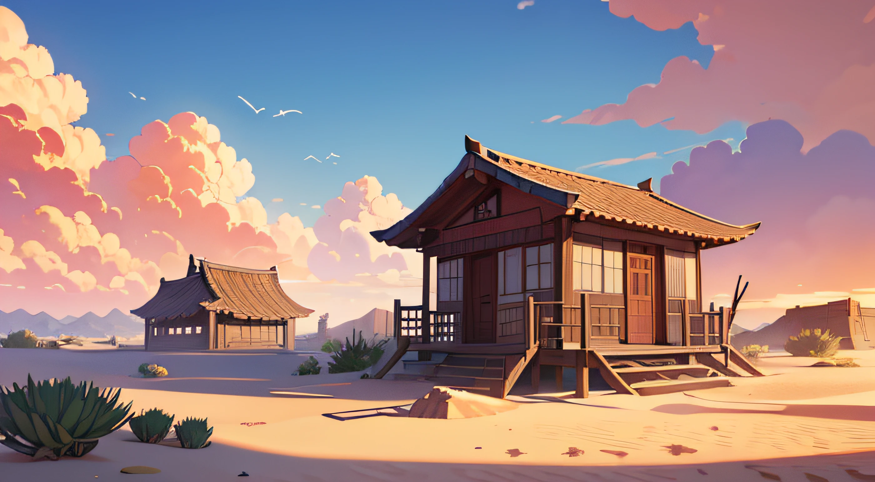 (illustrations : 1.0), photorealistic lighting, HD detail, 夏天, desert, sand, daytime, clouds, overcast, 12pm, Dead wood, broken hanok,