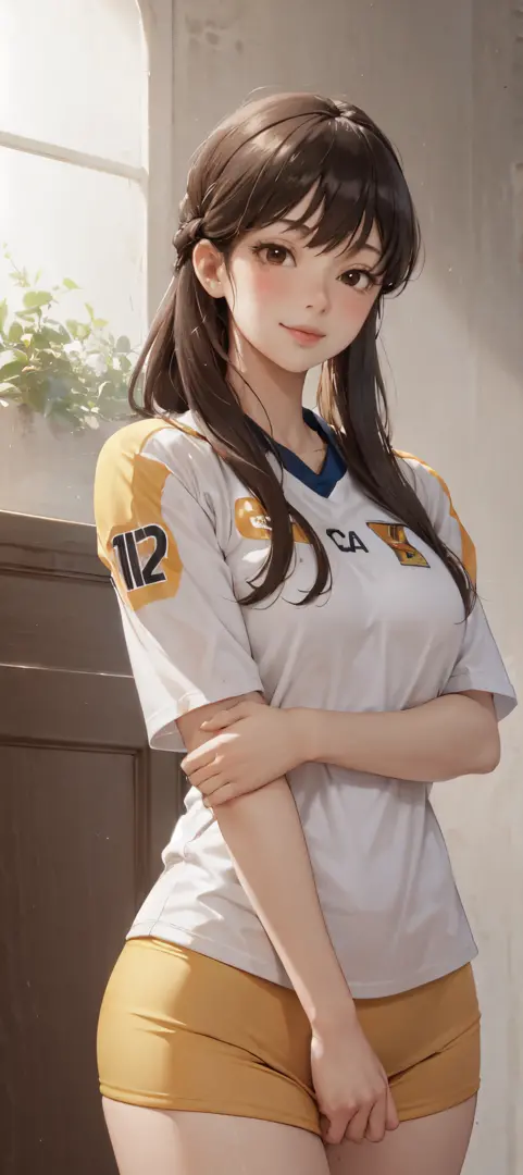 1lady solo, /(tight volleyball uniform/), /(dark brown hair/) bangs, blush light smile, (masterpiece best quality:1.2) delicate illustration ultra-detailed, BREAK /(volleyball court indoors/)