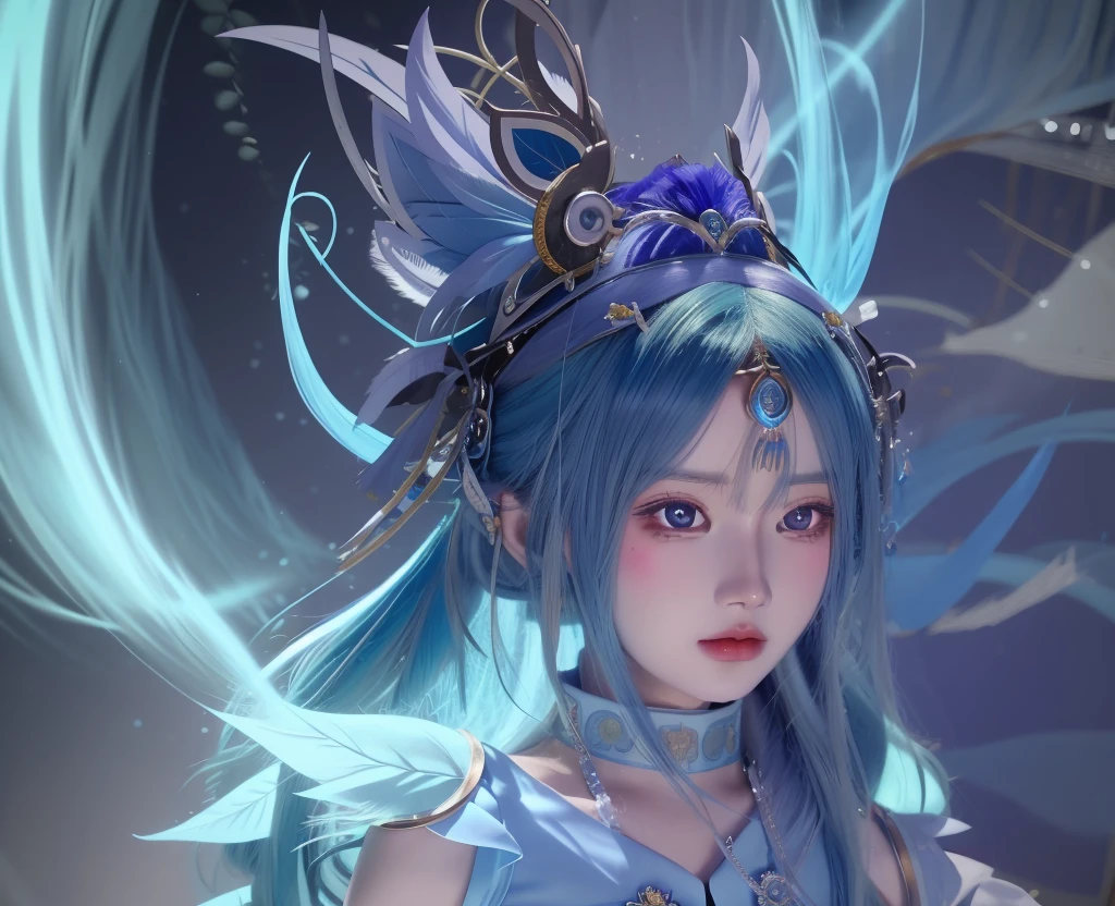 garota de anime mangá，cabelos azuis，um vestido azul，Usando um grande cocar, Broto artístico muito detalhado, o detalhe, irelia, Germe de arte. alto detalhe, ! arte dos sonhos Jem, Arte detalhada de Onmyoji, a maioria dos modelos | Germe de arte, estilos de arte jem, art bud no artstation pixiv