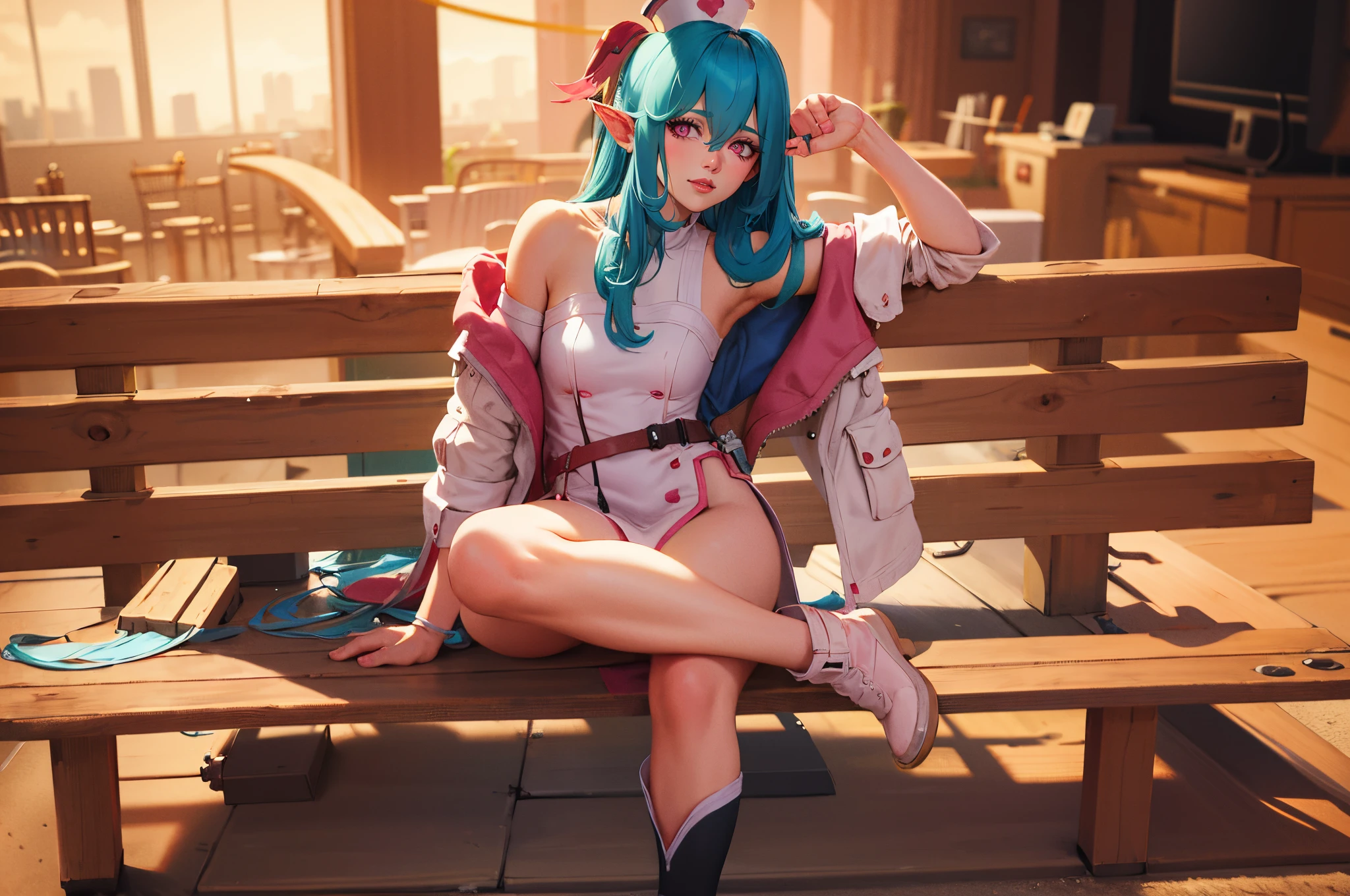 ((big breasts)), 1girl, solo, long hair, looking at viewer, smile, hat, hair between eyes, very long hair, blue hair, multicolored hair, upper body, pink hair, heart, detached sleeves, pointy ears, pink eyes, streaked hair, nurse, nurse cap, (masterpiece,best quality:1.5), "Photorealistic, Hyperrealistic, Hyperdetailed, analog style, soft lighting, subsurface scattering, realistic, heavy shadow, masterpiece, best quality, ultra realistic, 8k, golden ratio, Intricate, High Detail, film photography, soft focus"