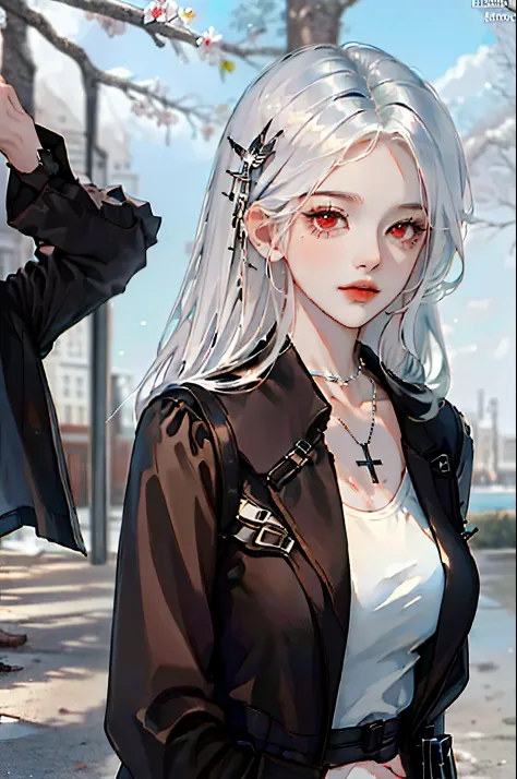 (masterpiece, best quality: 1.4), 1 boy, alone, white hair, red eyes, casual clothing, (black shirt), silver cross necklace, bla...