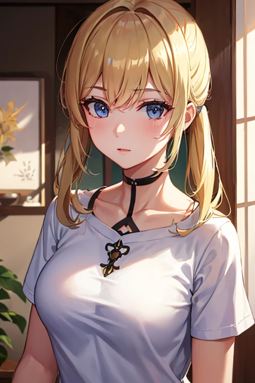 1 girl, only white collarless t-shirt, short sleeves, happy, looking straight ahead, blond hair, boobs cup c