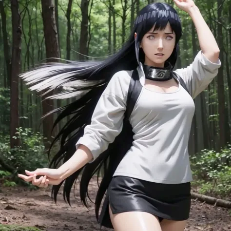 Beautiful girl, white top, black skirt, hinata from naruto series, tifa outfit,long hair, forest background , grab her hair with...