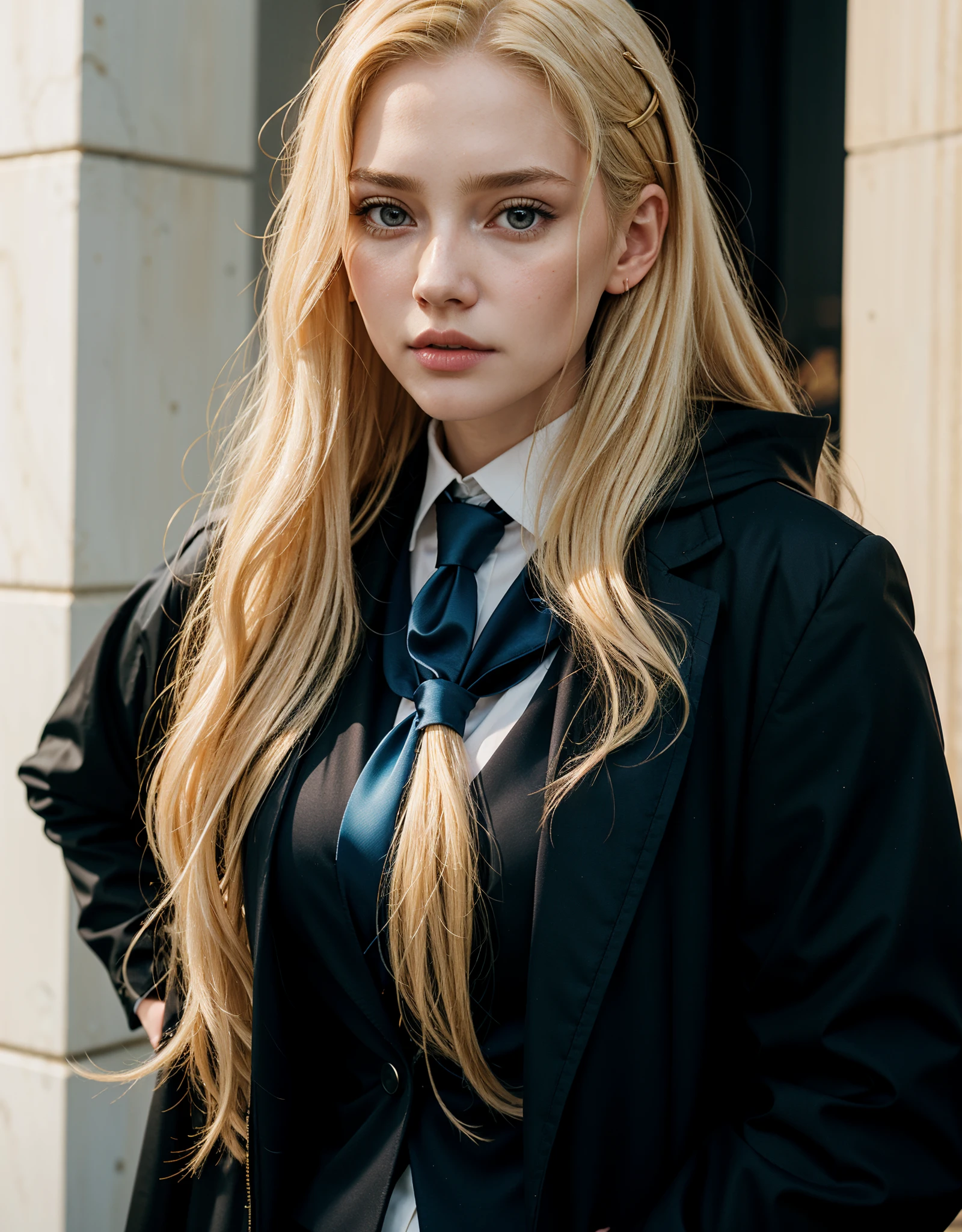 Blonde woman with long hair wearing a black jacket and blue tie., Pale skin curly blonde hair, yelena belova, a girl with blonde hair, girl in suit, portrait of kim petras, girl in suit, with long blonde hair, Anna Nikolanova aka New Milky, with pale skin, irina nordsol kuzmina, long blonde hair and blue eyes