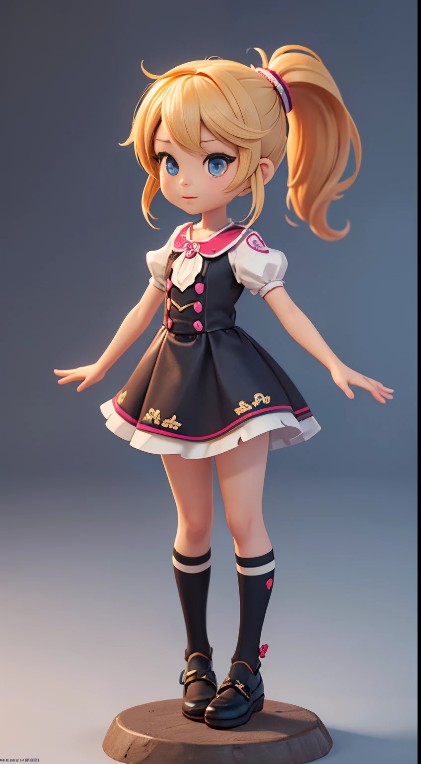 ポニーテールとドレスを持つ女の子の絵, かわいい3Dレンダリング, かわいくて詳細なデジタルアート, Mini かわいい Girl, かわいい Digital Painting, 3Dレンダリング様式, かわいい digital art, かわいい rendering 3D anime girl, 小さなカーブ , かわいい! c4d, 本文 1 テキスト, 白い台座の上に立つ