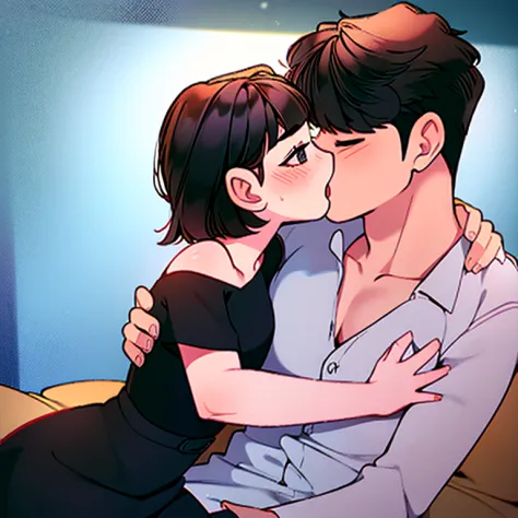 love themes, illustrations, boy and girl, kiss, hetero, 1 boy, brown hair, white long sleeve shirt, unbuttoned shirt, open shirt...