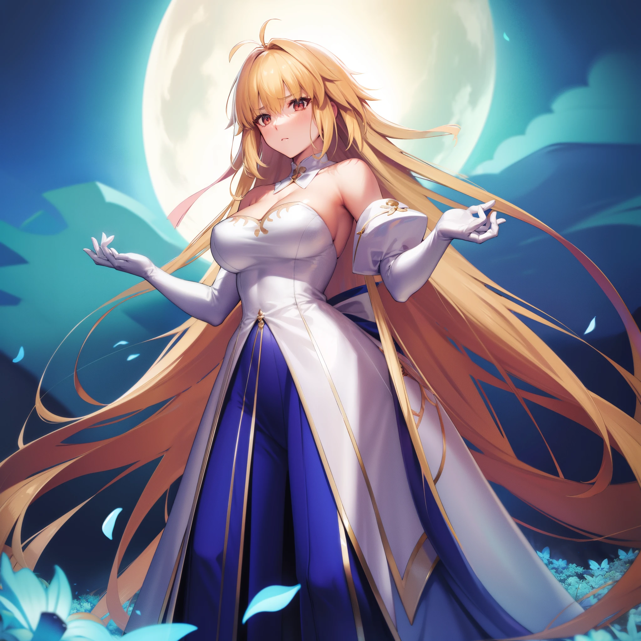 Takashi Takeuchi style, 1girl, archetype earth \(hime\), bare shoulders, blush, breasts, cleavage, detached collar, detached sleeves, two-tone strapless sleeveless hime white dress, field, flower, flower field, full moon, gloves, large breasts, looking at viewer, moon, night, night sky, petals, sky, annoyed, solo, white gloves, (standing:1.4), fullbody,