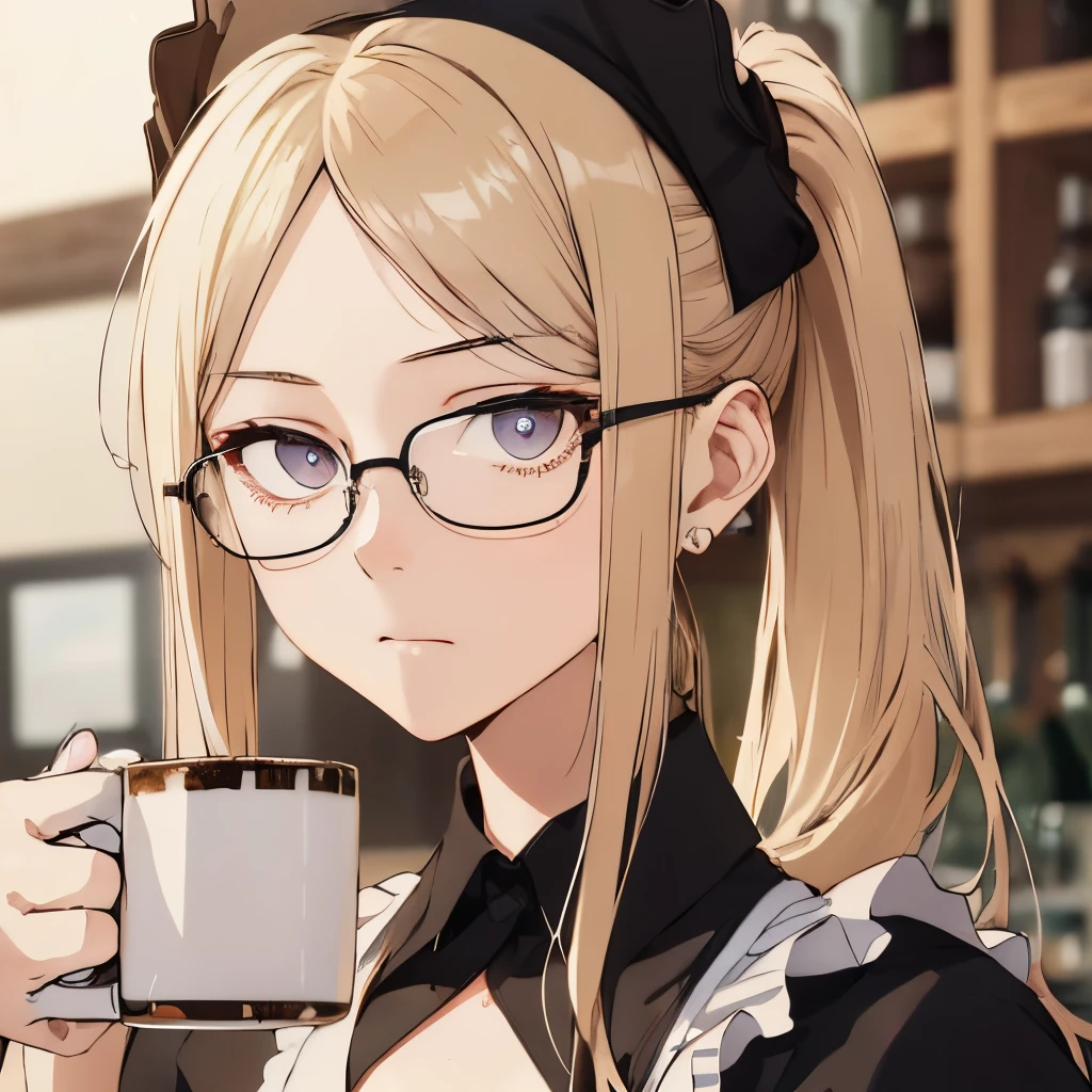 ⓪Action： drinking coffee, (coffee mug:1.4) ①Quality：(ultra-detailed:1.3), masterpiece, 8k, extremely detailed CG, (1 girl), Perfect hands:1.2), (Perfect Anatomy:1.2), (beautiful face: 1.1), Intricate Iris Details, Captivating Eye Reflections, Sparkling Highlights in the Eyes, Depth and Dimension in the Pupils, Subtle Color Variations in the Iris, Meticulous Eyelash Details,　Depth and Dimension in the Pupils, ②Lighting：brightening light, moody lighting, nature lighting, Best Illumination, ③ part: (flat chest: 1.4),  floating hair, detailed face, detailed eyes,  shiny hair, ④Style: animation, illustration, ⑤Subject： (ponytail hair:1.3), (blonde hair, straight hair, long hair, black eyes, sanpaku eyes ), ⑥Environment： Cafe,kitchen,bar , ⑦Construction：Upper body, (extreme close-up view: 1.3), Looking at Viewer, very wide shot, from below, ⑧Costume : (cafe apron: 1.3), (glasses:1.5), ⑨Others：(slender body、small head、Seven-headed body),