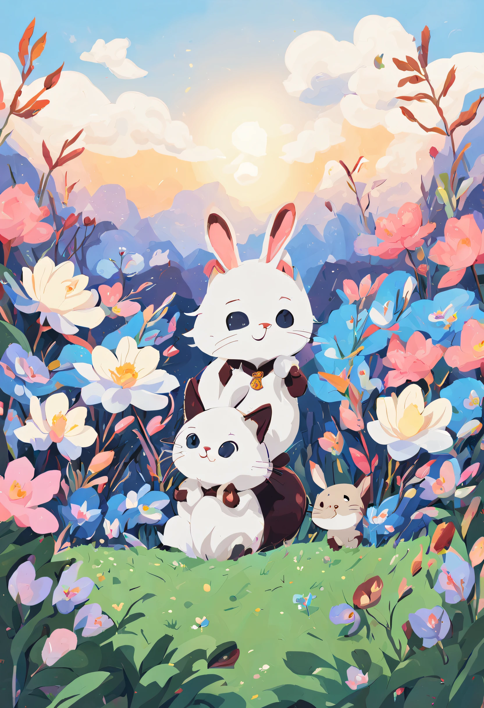 〈baby cat and baby rabbit〉chum、Pyonpyon、Nyan Nyan、The World of Picture Books、Gamine、Flower field psychedelic background、style of Laurie Greasley、Studio Ghibli、Akira Toriyama、James Girard、GenshinImpact、Trending pixiv fanbox、acrylic palette knife、4K、vivd colour、Devinart、Trending on ArtStation、Multiple poses and expressions with low detail