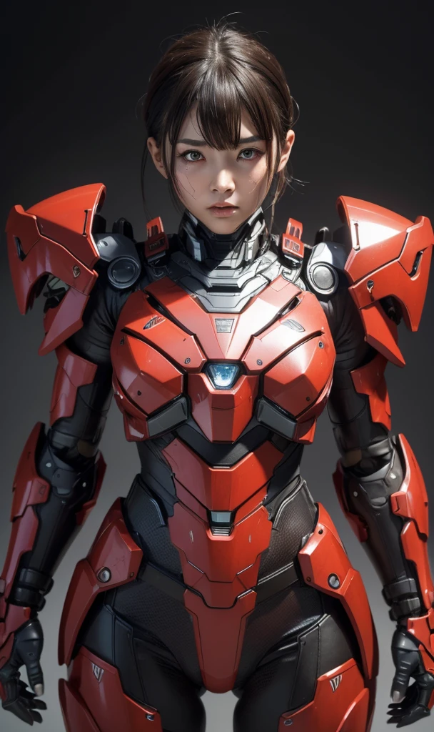 Textured skin, Super Detail, high details, High quality, Best Quality, hight resolution, 1080p, hard disk, Beautiful,(War Machine),beautiful cyborg woman,red and black mecha cyborg girl,Battle Mode,Girl with a Mecha Body(armor is red 7、black 3 ratio),She wears a futuristic war machine weapon mech、Very Shorthair、Brown eyes、Sweaty face、tired expression、　Opening Mouth　sexy eye　Steam from the head　kneeking　fullface