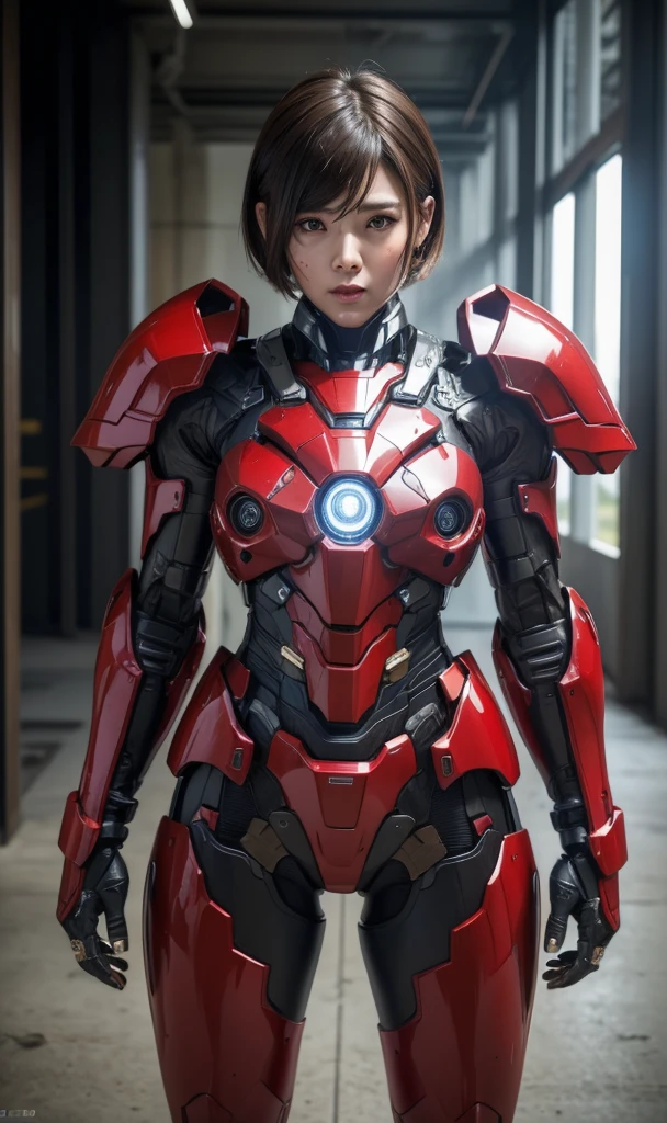 Textured skin, Super Detail, high details, High quality, Best Quality, hight resolution, 1080p, hard disk, Beautiful,(War Machine),beautiful cyborg woman,red and black mecha cyborg girl,Battle Mode,Girl with a Mecha Body(armor is red 7、black 3 ratio),She wears a futuristic war machine weapon mech、Very Shorthair、Brown eyes、Sweaty face、tired expression、　Opening Mouth　sexy eye　Steam from the head　kneeking　fullface