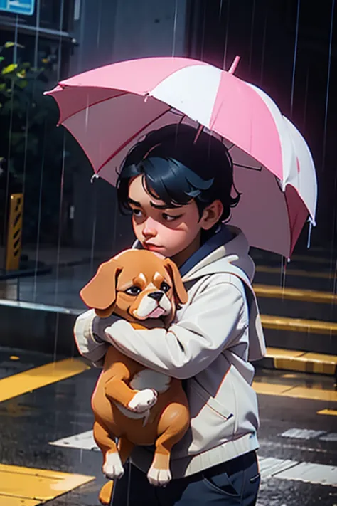 uma jovem triste na chuva com um cachorro pequeno ao lado