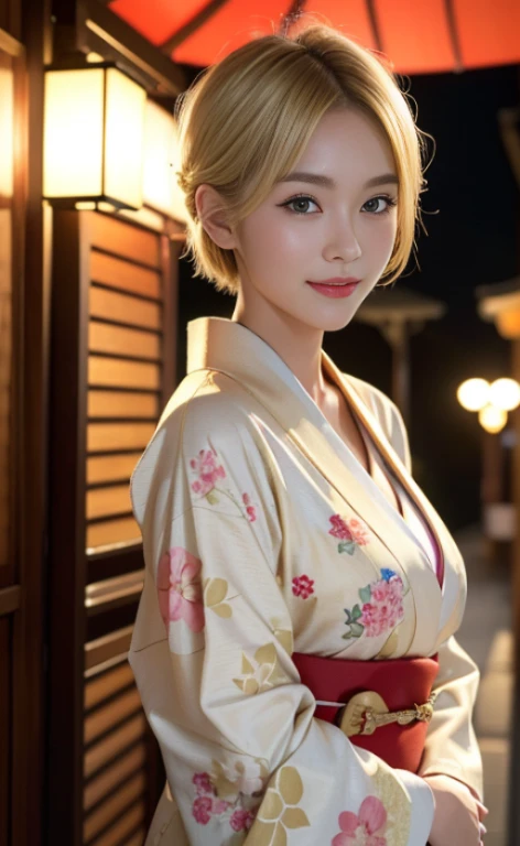 (beste Qualität, 8k, 32k, Meisterwerk, UHD:1.2),Foto einer hübschen Japanerin, 1 Mädchen, (mittelkurze blonde Haare), doppeltes Augenlid, große Brüste, Sommernacht, Kimono, Kyoto: Die geheimnisvolle Welt der Kyoto-Architektur,lächeln