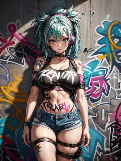 masterpiece, best quality, 1girl, solo, crop top, denim shorts, choker, (graffiti:1.5), paint splatter, arms behind back, against wall, looking at viewer, armband, thigh strap, paint on body, head tilt, bored, multicolored hair, aqua eyes, headset, (huge b...