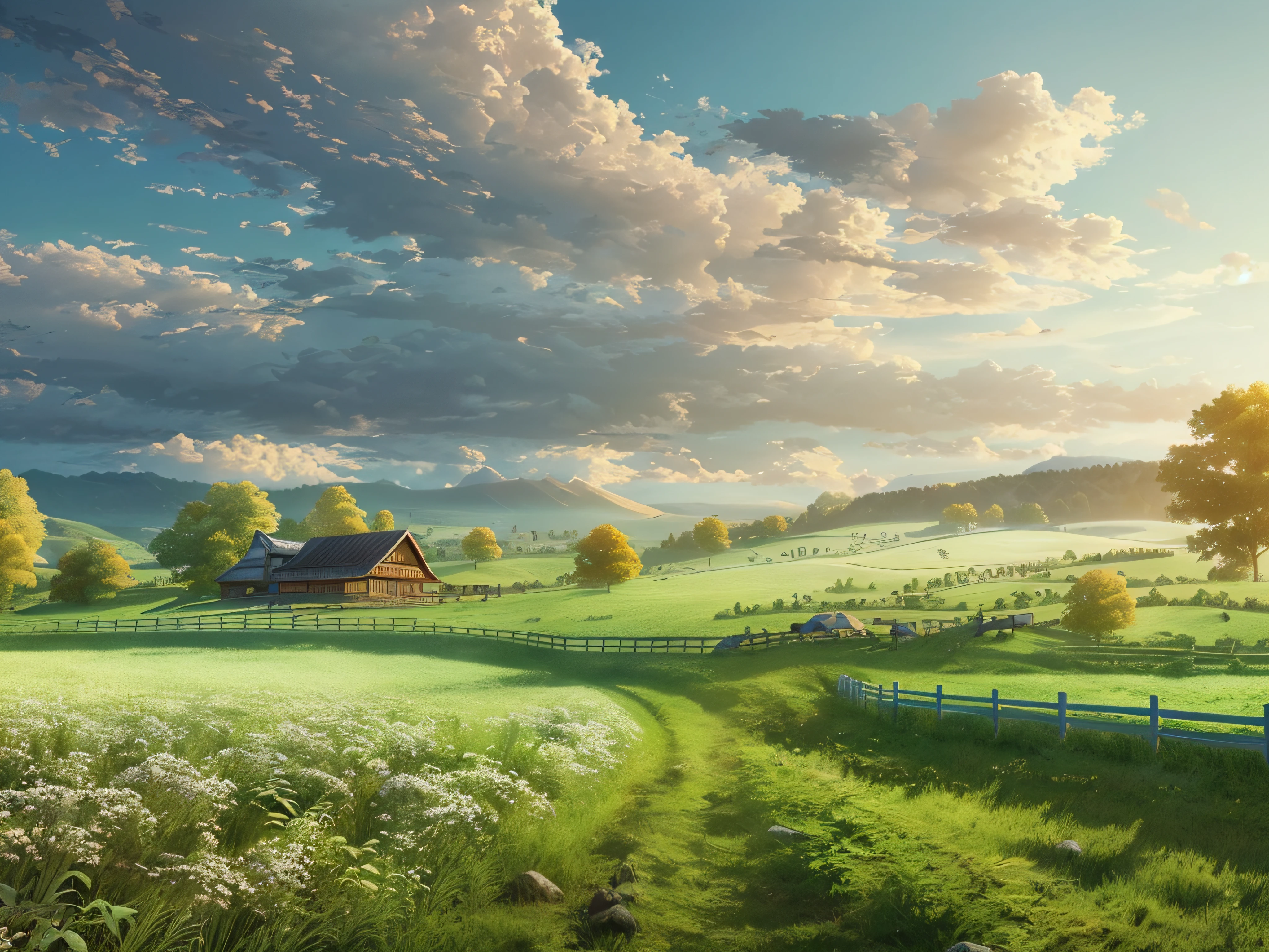 (((masutepiece))), High quality, Extremely detailed, 4K, 8K, Horse farm, skyporn, Nature, Hokkaido, superfine illustration, realphoto, line-drawing, Approaching perfection, Insanely detailed, Concept art, epicd, Cinematic. unreal enginee 5