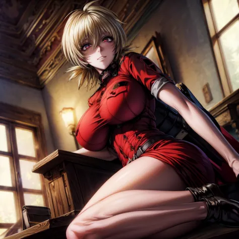 Seras victoria, red eyeliner, red eyeliner makeup, laying down on a table, smug expression, (masterpiece:1.0),(best_quality:1.0)...