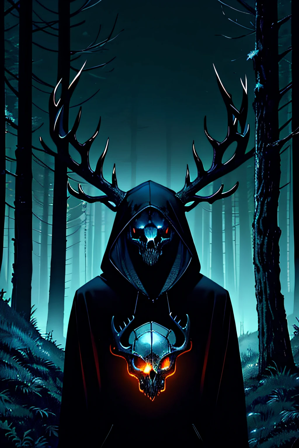 かすかに光る目を持つ黒いパーカーのフードの中に鹿の頭蓋骨と角が 1 つ入っています。. 肩を上げる, 背景の暗い森