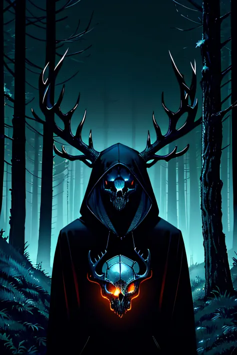1 deer skull and antler in the hood of a black hoody with faintly glowing eyes. shoulder up, dark forest in the background