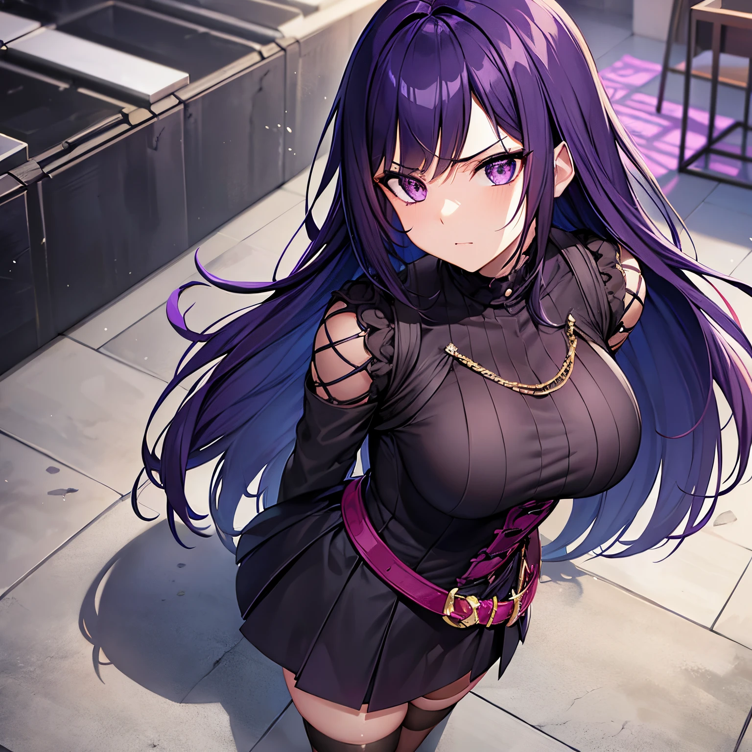 Woman, cabelo curto preto liso, Purple eyes, angry appearance, Short construction, Agora mesmo, hentai situation