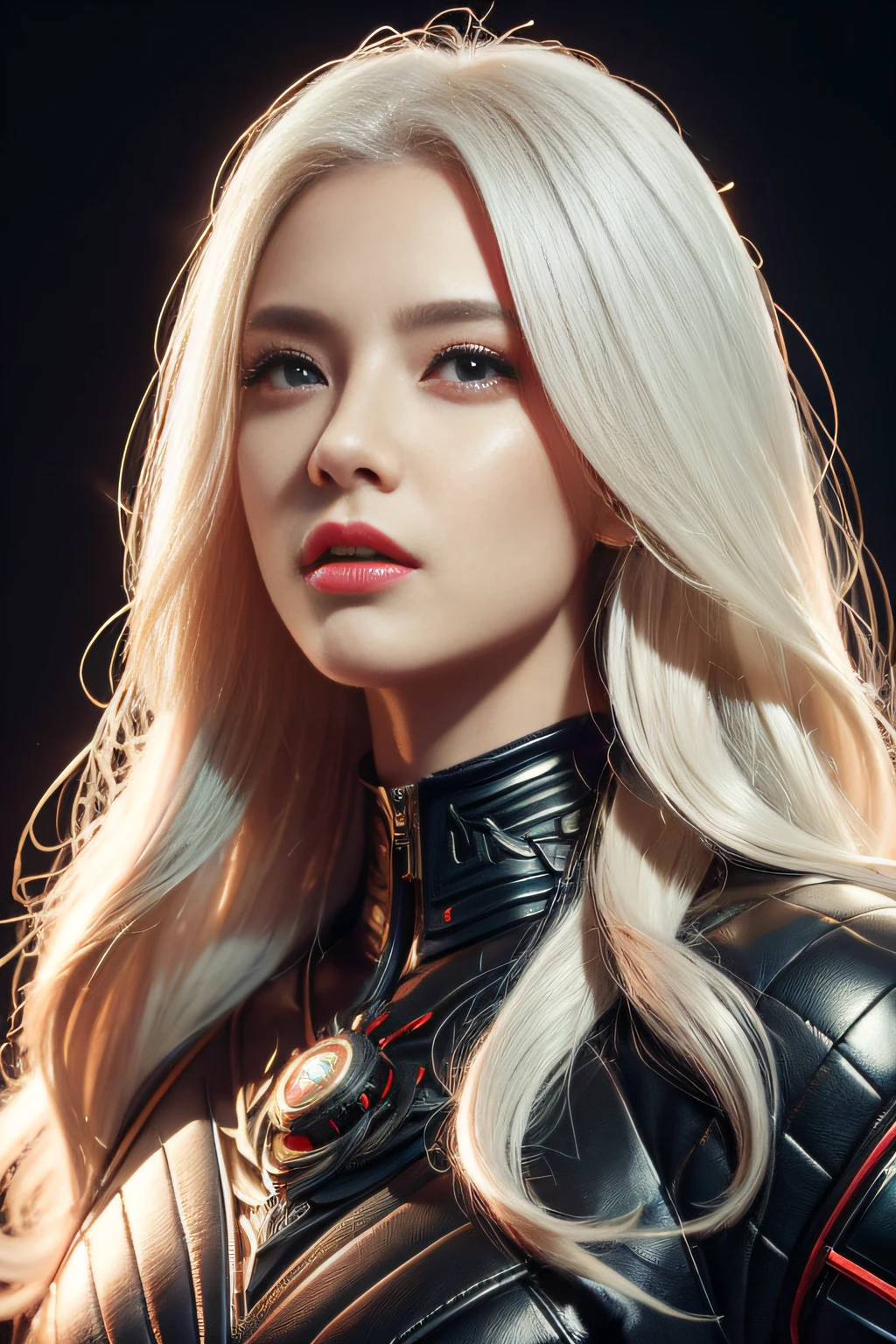 Portrait of a beautiful girl with wavy white hair, wearing a formal black dress with metal parts, red eyes, monograms in the background, digital painting, dark colors, 8k, complex details, vintage, retro futuristic style, sharp focus on the center, pastel colors, art station, (sci-fi, future, future theme), (facial expression looking with disdain), (detailed illustration)