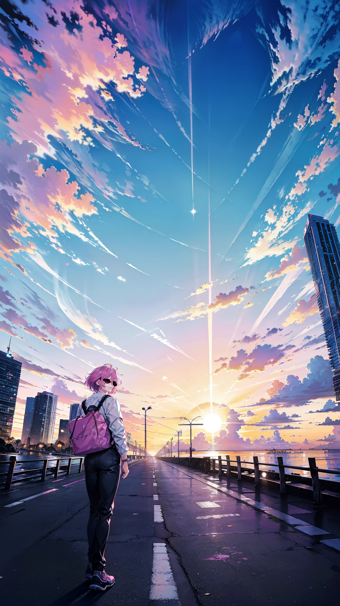 {8k image}, beautiful Miami landscape at dusk, horizon image, people cars planes and pedestrians around, 80s aesthetic with shades of purple and pink