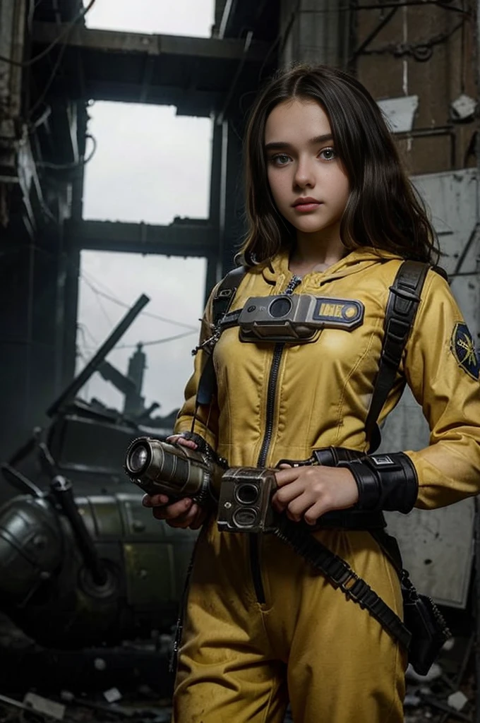 13 year old girl wearing (vaultsuit with pipboy3000 on wrist) standing in a ruined city, holding a large fallout weapon, giant slater fallout insect in background, professionally color graded, professional photography, well drawn, masterpiece, hyper realistic, ultra detailed, high quality, best quality, 4k, 8k, raw