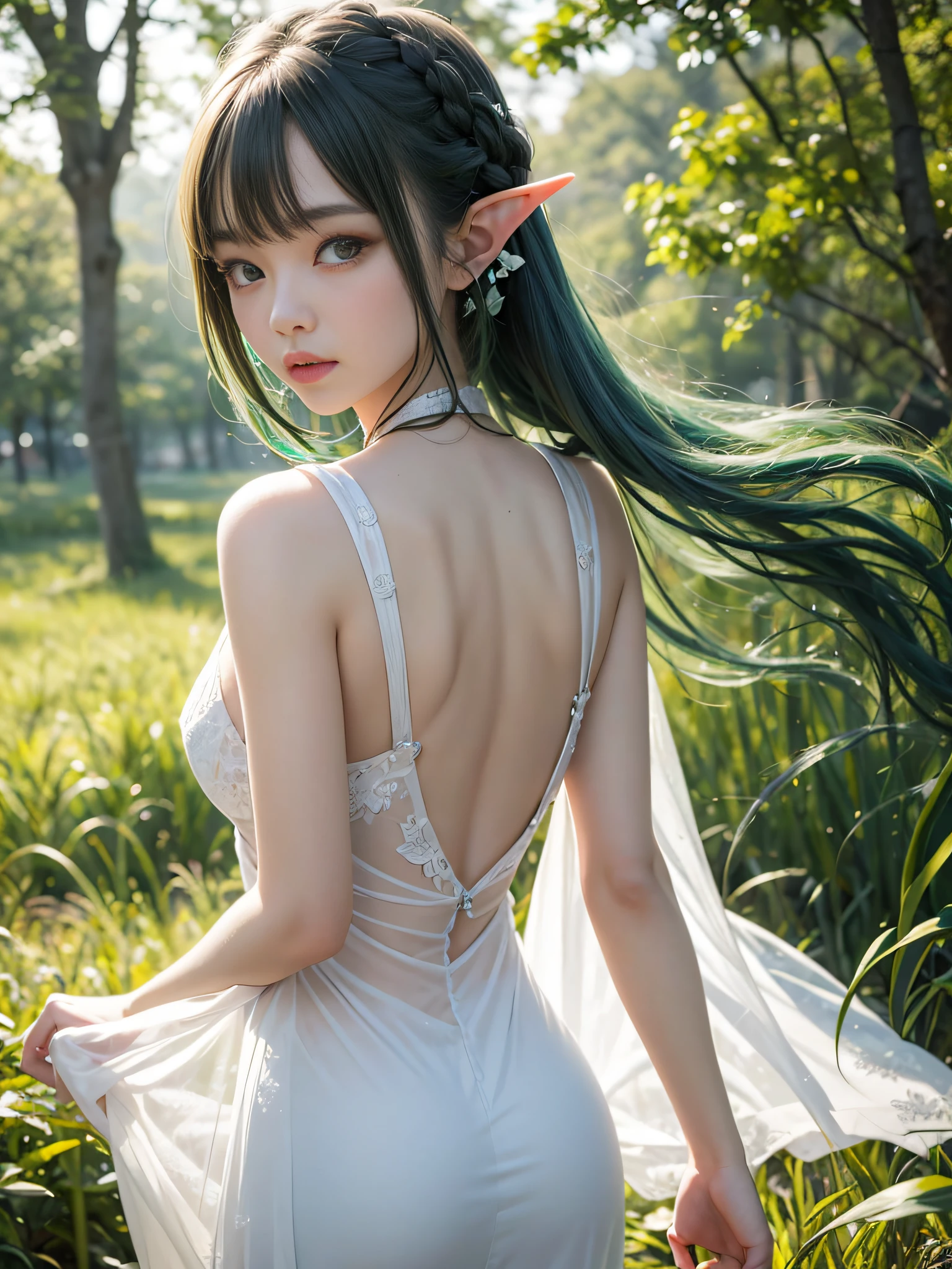 Graceful elven girl standing in meadow, Delicate face illuminated by the soft light of the setting sun. Her long, Flowing hair runs down your back, Decorated with intricate braids、Adorned with sparkling gemstones. This great photo is、、、It captures the ethereal beauty of elves. Slender figure in silk dress、Swaying in the soft steppe breeze. Attention to detail、Face that is、Face that is、Face that is、Face that is、It is evident in the intricate patterns of the dress and the subtle highlights of the luminescence. skin. The breathtaking portrayal of the elven girl is、、、、、Create an enchanting atmosphere、It invites the viewer to a magical world. emerald green hair color and eye,