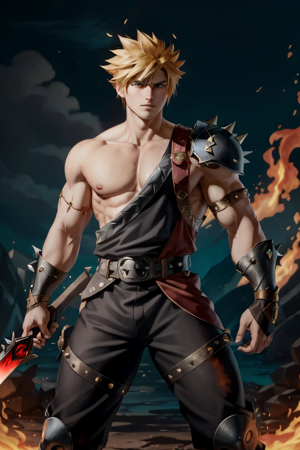 full-length shot of Zach, Zach has distant makou-green glowing eyes, set in a pale gray face surrounded by bright fiery spikes of black and blonde hair, He wears a burgandy chiton with a red and gold flame pattern, A single spiked pauldron asymmetrically guards his left shoulder, His stern expression is guaranteed by the red studded leather band across his forehead, Zach wields Blazing Edge - a massive broadsword glowing with red runes and wreathed in flames, The sword reflects in Zach's brooding emotionless green eyes, Zach's posture and build has muscular stature combined with aloof stance - arms hanging nonchalantly at his sides but fists clenched tight, He gives off an intimidating yet indifferent aura, streaked hair, wide shot, masterpiece, high details, cloud strife, shoulder armor, sleeveless turtleneck, suspenders, belt, baggy pants, gloves, bracer, boots, ZagreusHades, laurel crown, chiton