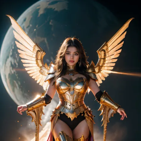 (125-year-old woman of Argentine origin with full body armor from the anime Saint Seiya in gold color with wings), (Mejor calida...