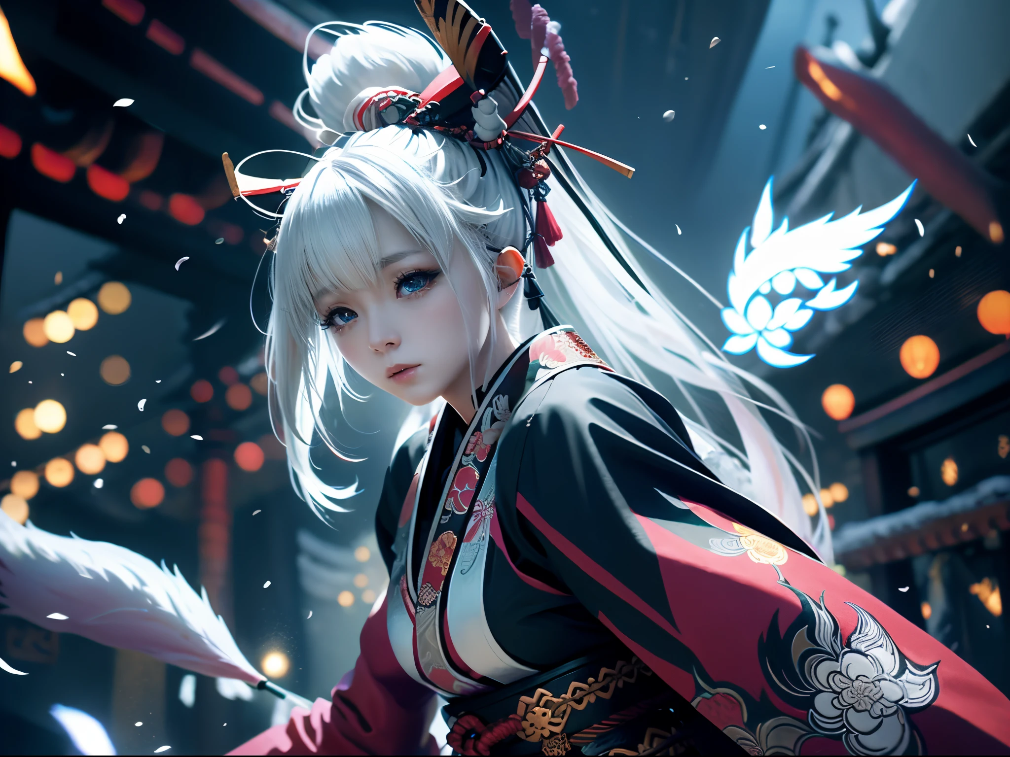 anime - style image of a short-white hair warrior woman, clothes only have white and black colour, samurai kimono, empty hand, white lotus, cry,, a character portrait, fantasy art, background is a winter japan mountain shrine, cyberpunk shrine maiden with fox ears and fox tails, dark white and bold red color, natural lighting, robot fox companions, fighting pose,​masterpiece, 1 beautiful girl, Detailed eye, Swollen eyes, top-quality, A high resolution, an asian beauty, very extremely beautiful, Beautiful skins, A slender, Forward-facing body, (A hyper-realistic), (high resolution), (4K), (highly detailed),( Best Illustration), (beautifully detailed eyes), (ultra-detailed), 详细的脸, Bright lighting, Professional Lighting, distance view,