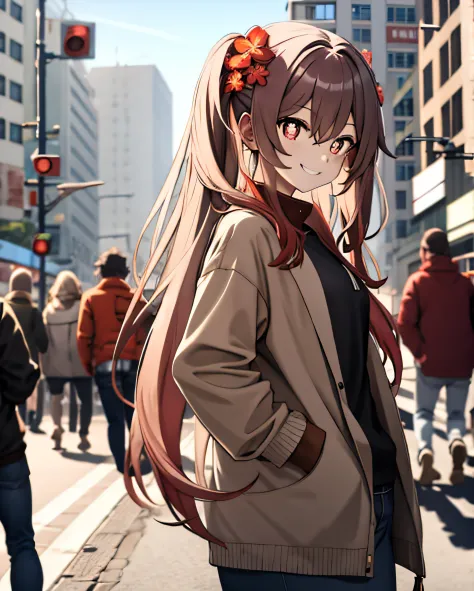 the street，one-girl，Smile，flower shaped pupils，Casual outfit, standing，A cup，hands go into pockets，Surrounded by a lot of people