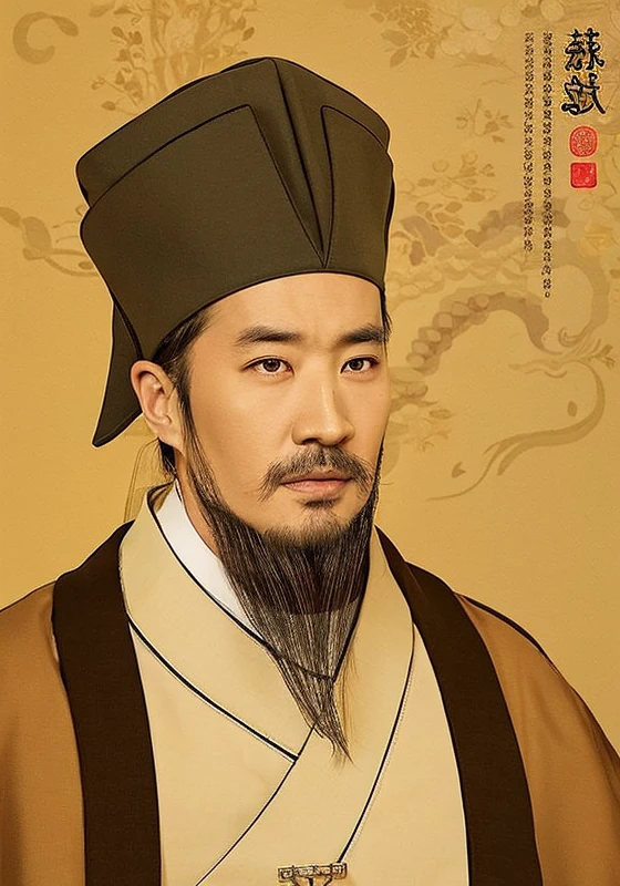 arafed portrait of a man with a beard and a hat，Inspired by Takedoko，by Xuande Emperor，zhang daqian，Feng Shu，xianxia，inspired by Xuande Emperor，Inspired by Cao Zhibai，Inspired by Gu Kaizhi，Inspired by Song Huizong，Yang Qi，guangjian huang，Live-action quality，16K resolution