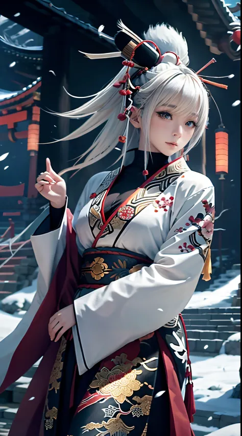 anime - style image of a short-white hair warrior woman, clothes only have white and black colour, samurai kimono, empty hand, w...