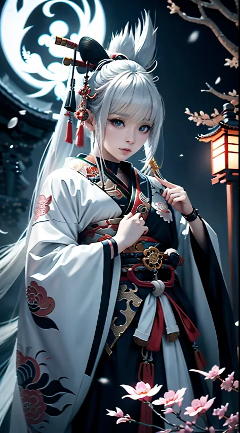 anime - style image of a short-white hair warrior woman, clothes only have white and black colour, samurai kimono, empty hand, w...