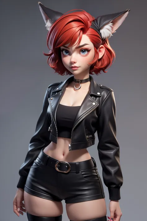 1girl, teenager, solo, (short pixie cut hair, undercut red hair: 1.28), ((light gray eyes)), some small freckles, (black tip fox...