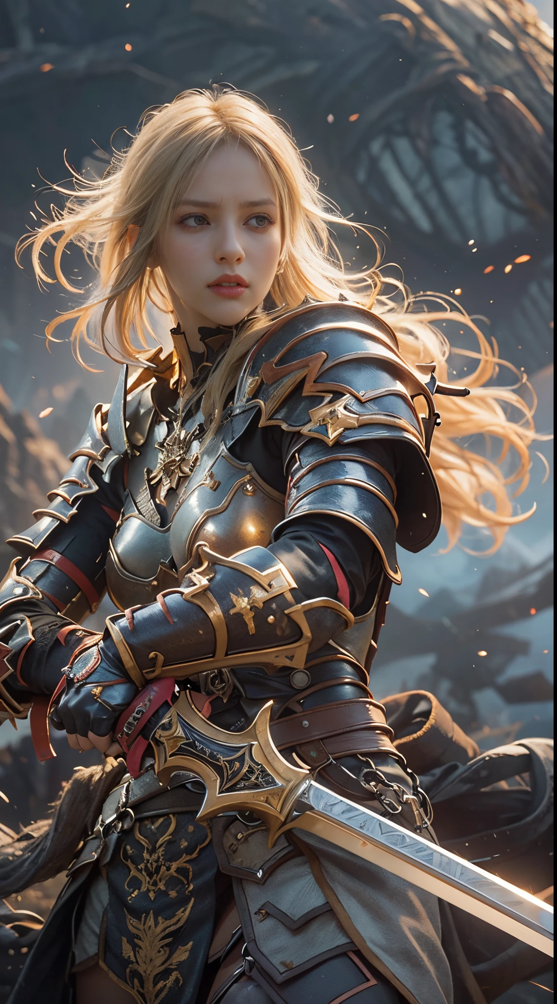 8k, best quality, highres, realistic, real person, An awe-inspiring scene of a female knight with golden hair, now carrying an unbelievably massive sword, several times her height, on her back. She is wearing light armor that accentuates her muscular build, and her expression conveys a sense of strength and determination. The background should depict a fantasy landscape, adding to the epic scale of the scene.