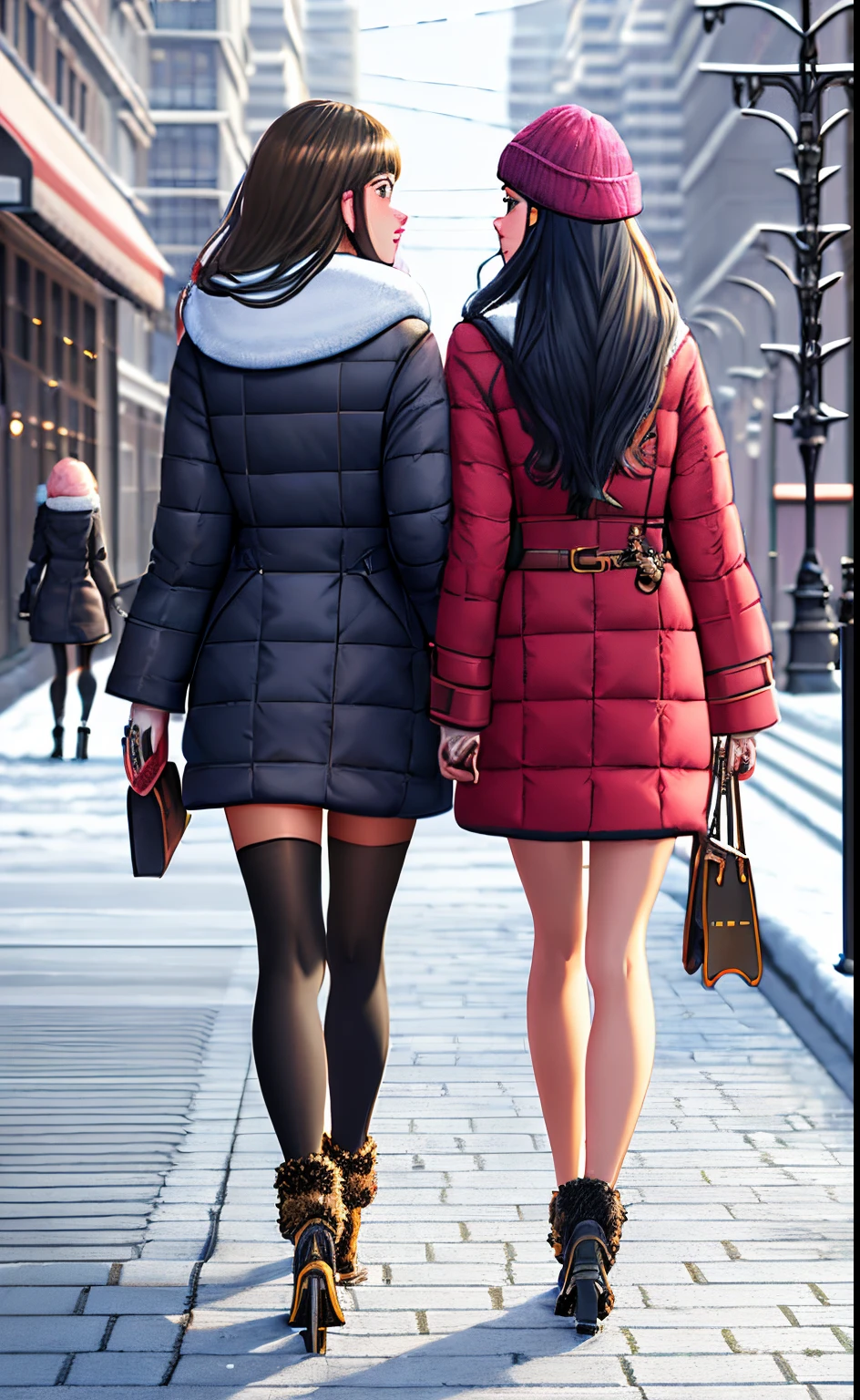 highest quality, Ray Tracing Reflections, super detailed, high resolution, highres, hyper detail, highly detailed, ornate, (2 girls walk on the sidewalk:1.5), (winter outfit:1.2) , (depth of field), (two tone hair), (SamDoesArt1:0.4), (winter city background), particles, vibrant, bright, curled hair, colorfull, (view from behind:1.2), (Style-Winter:0.6)